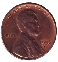 Монета 1 цент. 1956 год (D), США. Линкольн. Монета 1 цент. 1956 год (D), США. Линкольн.