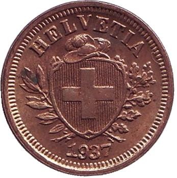 Монета 1 раппен. 1937 год, Швейцария. aUNC. Монета 1 раппен. 1937 год, Швейцария. aUNC.