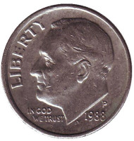Монета 10 центов. 1988 (P) год, США. Рузвельт. Монета 10 центов. 1988 (P) год, США. Рузвельт.