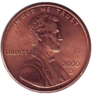 Монета 1 цент. 2000 год (D), США. Линкольн. Монета 1 цент. 2000 год (D), США. Линкольн.