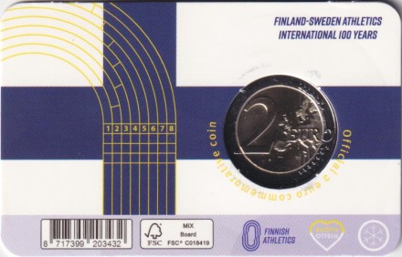 Монета 2 евро. 2025 год, Финляндия. 100 лет Финско-шведским легкоатлетическим играм. (Финский и шведский языки).