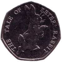 Кролик Питер. 150 лет со дня рождения Беатрис Поттер. Монета 50 пенсов. 2017 год, Великобритания.