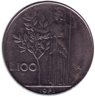 Монета 100 лир. 1981 год, Италия. Богиня мудрости Минерва рядом с оливковым деревом. Монета 100 лир. 1981 год, Италия. Богиня мудрости Минерва рядом с оливковым деревом.