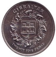 Монета 25 пенсов. 1977 год, Гибралтар. 25 лет правлению Королевы Елизаветы II. Монета 25 пенсов. 1977 год, Гибралтар. 25 лет правлению Королевы Елизаветы II.