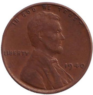 Монета 1 цент. 1940 год (P), США. Линкольн. Монета 1 цент. 1940 год (P), США. Линкольн.
