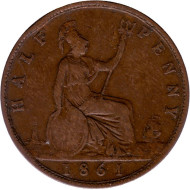 Монета 1/2 пенни. 1861 год, Великобритания. Монета 1/2 пенни. 1861 год, Великобритания.