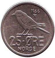 Монета 25 эре. 1966 год, Норвегия. Птица. Монета 25 эре. 1966 год, Норвегия. Птица.