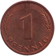Монета 1 пфенниг. 1979 год (D), ФРГ. Дубовые листья. Монета 1 пфенниг. 1979 год (D), ФРГ. Дубовые листья.