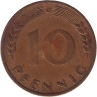 Монета 10 пфеннигов. 1949 год (D), ФРГ. Дубовые листья. Монета 10 пфеннигов. 1949 год (D), ФРГ. Дубовые листья.
