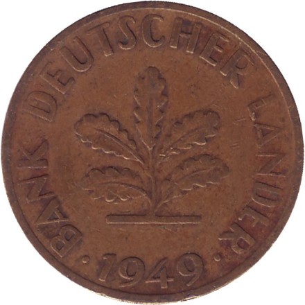 Монета 10 пфеннигов. 1949 год (D), ФРГ. Дубовые листья. Монета 10 пфеннигов. 1949 год (D), ФРГ. Дубовые листья.