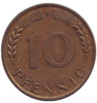 Монета 10 пфеннигов. 1966 год (J), ФРГ. Дубовые листья. Монета 10 пфеннигов. 1966 год (J), ФРГ. Дубовые листья.