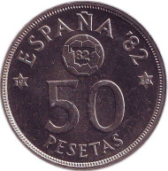 Монета 50 песет. 1980 год, Испания. Чемпионат мира по футболу 1982. (80 внутри звезды). Монета 50 песет. 1980 год, Испания. Чемпионат мира по футболу 1982. (80 внутри звезды).