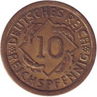 Монета 10 рейхспфеннигов. 1936 (F) год, Веймарская республика. Монета 10 рейхспфеннигов. 1936 (F) год, Веймарская республика.