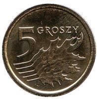 Дубовые листья. Монета 5 грошей. 2016 год, Польша.