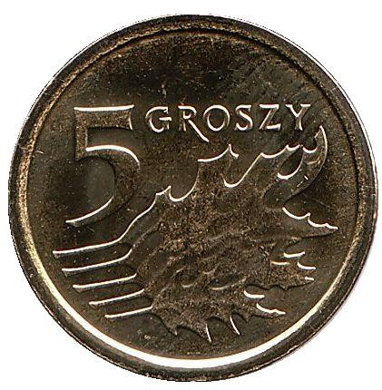 Монета 5 грошей. 2016 год, Польша. Дубовые листья.