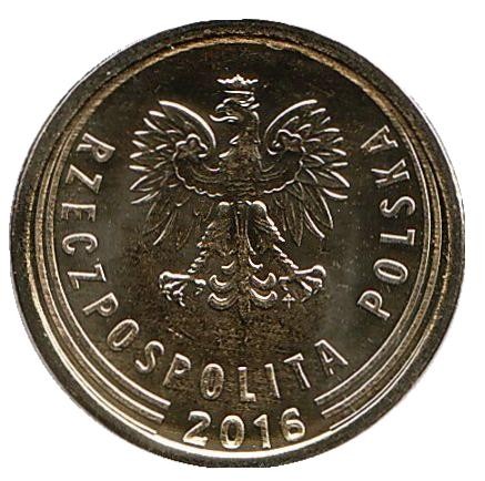 Монета 5 грошей. 2016 год, Польша. Дубовые листья.