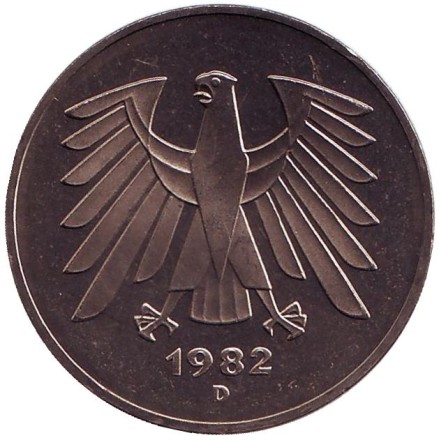 Монета 5 марок. 1982 год (D), Германия. Монета 5 марок. 1982 год (D), Германия.