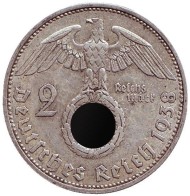 Монета 2 рейхсмарки. 1938 год, Германия (Третий Рейх). (А). Монета 2 рейхсмарки. 1938 год, Германия (Третий Рейх). (А).