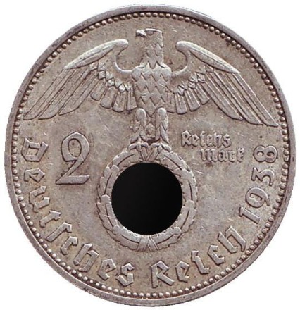 Монета 2 рейхсмарки. 1938 год, Германия (Третий Рейх). (А). Монета 2 рейхсмарки. 1938 год, Германия (Третий Рейх). (А).