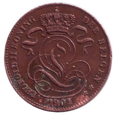 Монета 1 сантим. 1902 год, Бельгия. (Der Belgen)