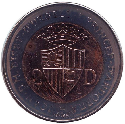 Монета 2 динера. 1984 год, Андорра. Медведь. Монета 2 динера. 1984 год, Андорра. Медведь.