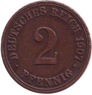 Монета 2 пфеннига. 1907 год (А), Германская империя. Монета 2 пфеннига. 1907 год (А), Германская империя.