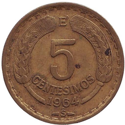 Монета 5 чентезимо. 1964 год, Чили. Кондор.