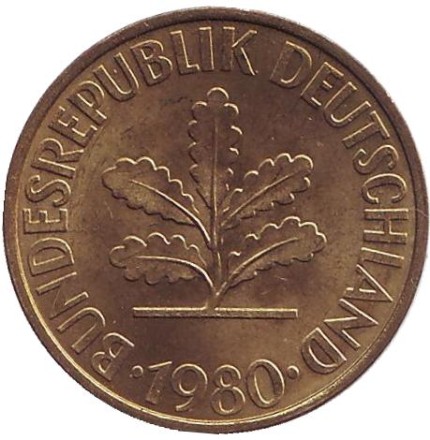 Монета 10 пфеннигов. 1980 год (D), ФРГ. Дубовые листья.