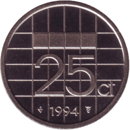Монета 25 центов. 1994 год, Нидерланды. BU.