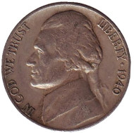 Монета 5 центов. 1940 год (D), США. Джефферсон. Монтичелло. Монета 5 центов. 1940 год (D), США. Джефферсон. Монтичелло.