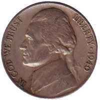 Джефферсон. Монтичелло. Монета 5 центов. 1940 год (D), США.