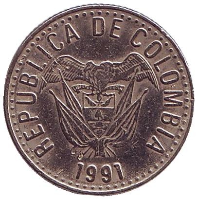 Монета 10 песо. 1991 год, Колумбия.