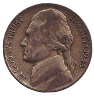 Монета 5 центов. 1943 год (P), США. Джефферсон. Монтичелло. Монета 5 центов. 1943 год (P), США. Джефферсон. Монтичелло.