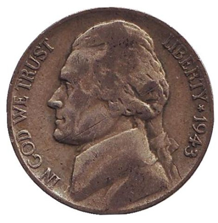 Монета 5 центов. 1943 год (P), США. Джефферсон. Монтичелло.