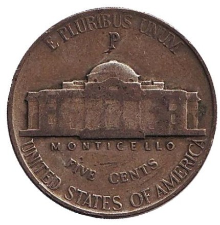 Монета 5 центов. 1943 год (P), США. Джефферсон. Монтичелло. Монета 5 центов. 1943 год (P), США. Джефферсон. Монтичелло.