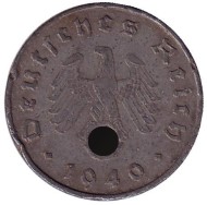 Монета 10 рейхспфеннигов. 1940 год, Германия (Третий Рейх). (A). Монета 10 рейхспфеннигов. 1940 год, Германия (Третий Рейх). (A).