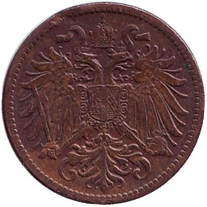 Монета 2 геллера. 1910 год, Австро-Венгерская империя. Австрийский тип.