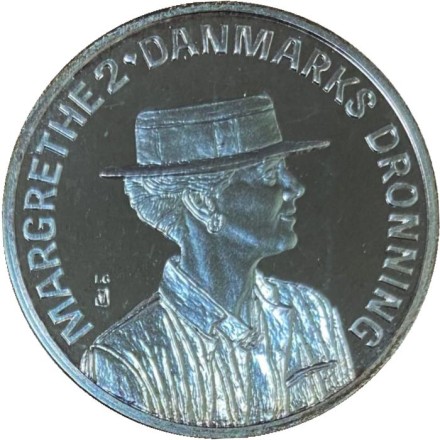 Монета 200 крон. 1990 год, Дания. 50 лет со дня рождения Королевы Маргрете II. Монета 200 крон. 1990 год, Дания. 50 лет со дня рождения Королевы Маргрете II.