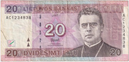 Банкнота 20 литов. 2007 год, Литва.