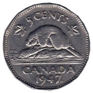 Монета 5 центов. 1947 год, Канада. (Отметка: кленовый лист) Бобр.