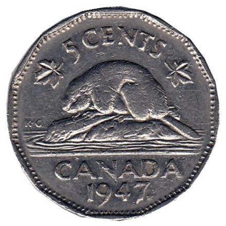 Монета 5 центов. 1947 год, Канада. (Отметка: кленовый лист) Бобр.