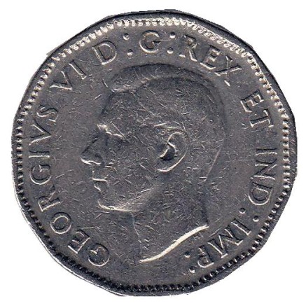 Монета 5 центов. 1947 год, Канада. (Отметка: кленовый лист) Бобр. Монета 5 центов. 1947 год, Канада. (Отметка: кленовый лист) Бобр.