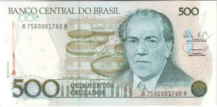 Банкнота 500 крузадо. 1986-1988 гг., Бразилия. Тип 4. 100 лет со дня рождения Эйтора Вилла-Лобоса.