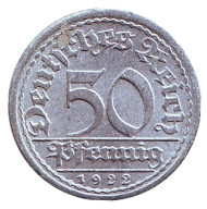 Монета 50 пфеннигов. 1922 год (A), Веймарская республика. Монета 50 пфеннигов. 1922 год (A), Веймарская республика.