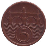 Монета 5 геллеров. 1938 год, Чехословакия.