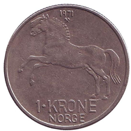 Монета 1 крона. 1971 год, Норвегия. Лошадь.
