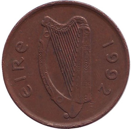 Монета 2 пенса. 1992 год, Ирландия. Птица. Ирландская арфа.