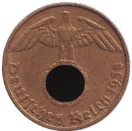 Монета 5 рейхспфеннигов. 1938 год, Германия (Третий Рейх). (E). Монета 5 рейхспфеннигов. 1938 год, Германия (Третий Рейх). (E).