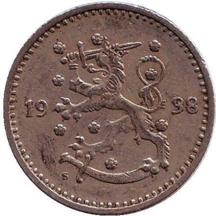 Монета 1 марка. 1938 год, Финляндия.
