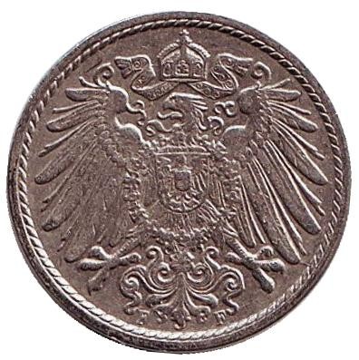 Монета 5 пфеннигов. 1910 год (F), Германская империя. Монета 5 пфеннигов. 1910 год (F), Германская империя.